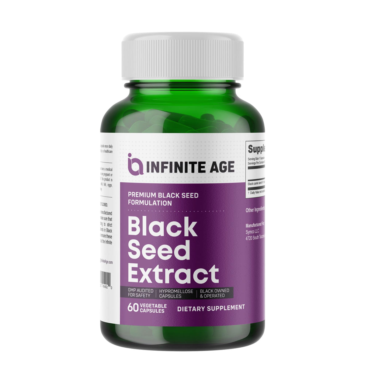 Capsules d'extrait de graines noires bio INFINITE AGE, vue de face