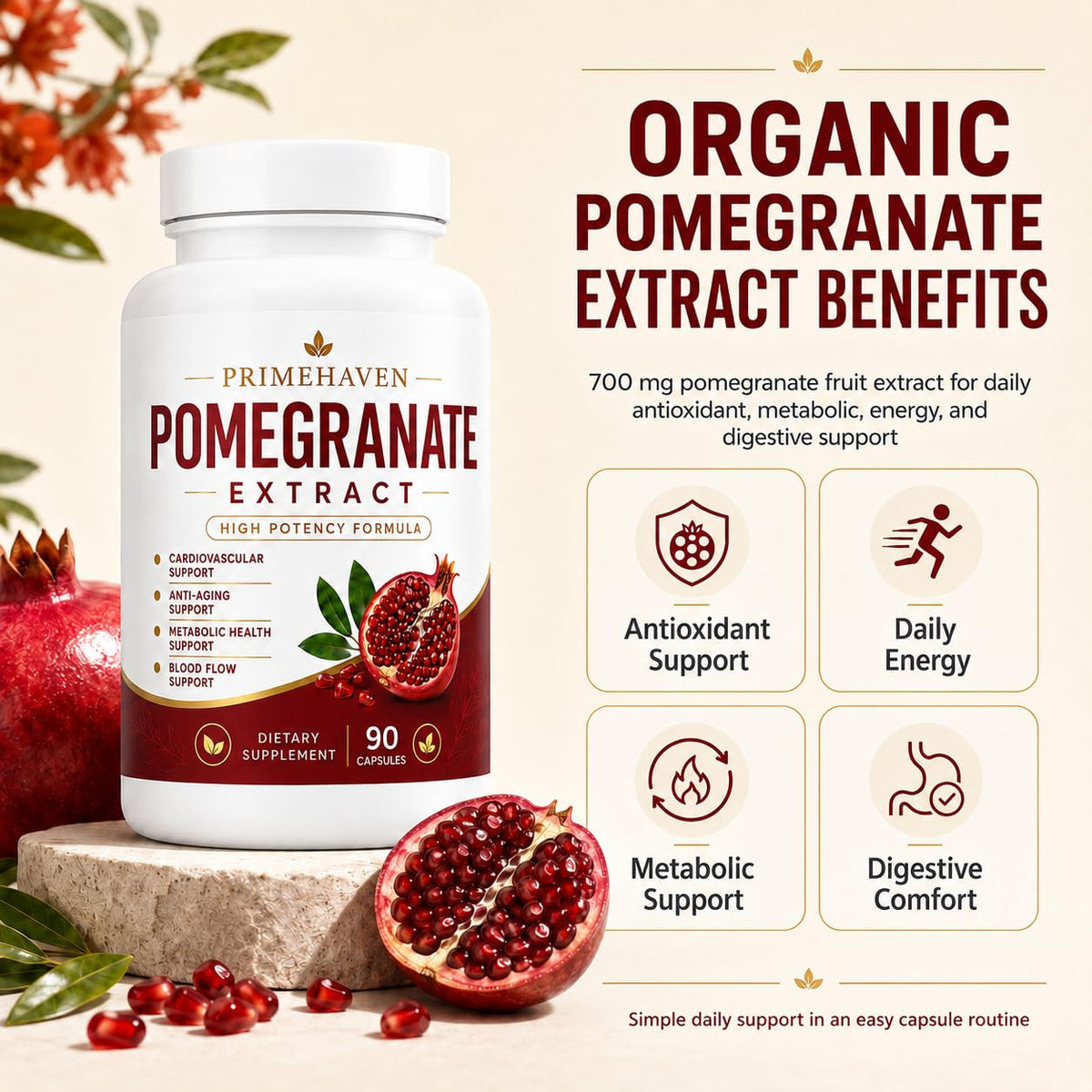 Capsules d'extrait de grenade bio d'EVERNATURECURE sur fond blanc