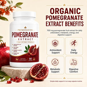 Capsules d'extrait de grenade bio d'EVERNATURECURE sur fond blanc
