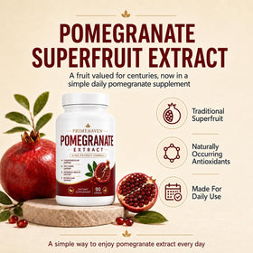 Capsules d'extrait de grenade bio d'EVERNATURECURE sur une table en bois