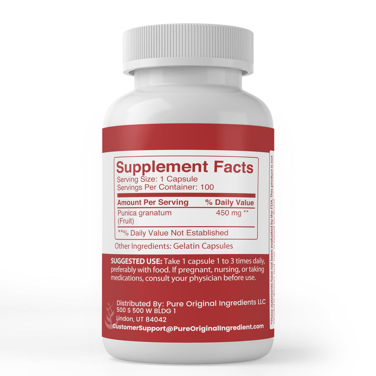 Capsules d'extrait de grenade PURE ORIGINAL INGREDIENTS sur une surface blanche