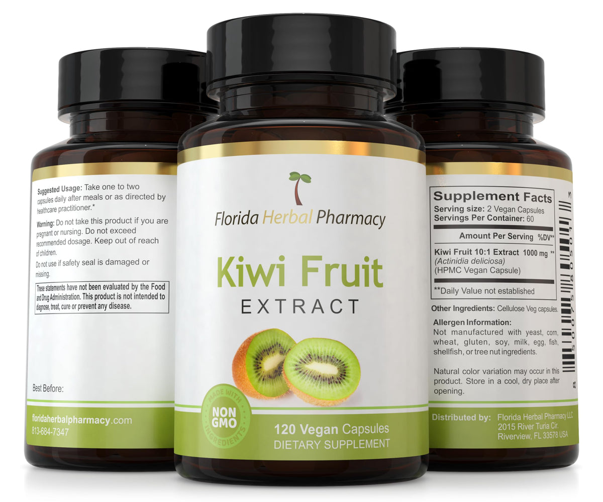 Capsules d'extrait de kiwi sur une table en bois