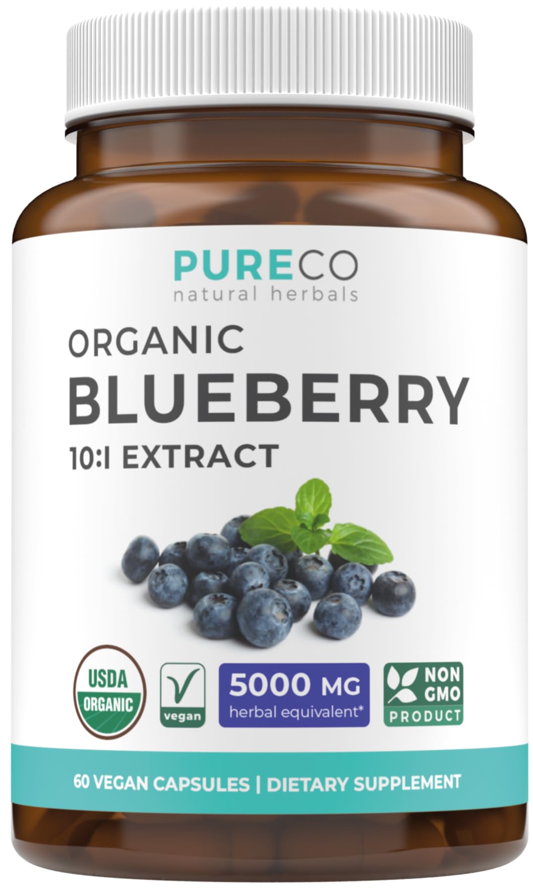 Capsules d'extrait de myrtille bio PURE CO avec emballage