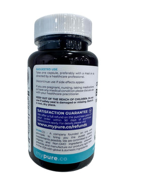 Capsules d'extrait de myrtille bio PURE CO avec un verre d'eau