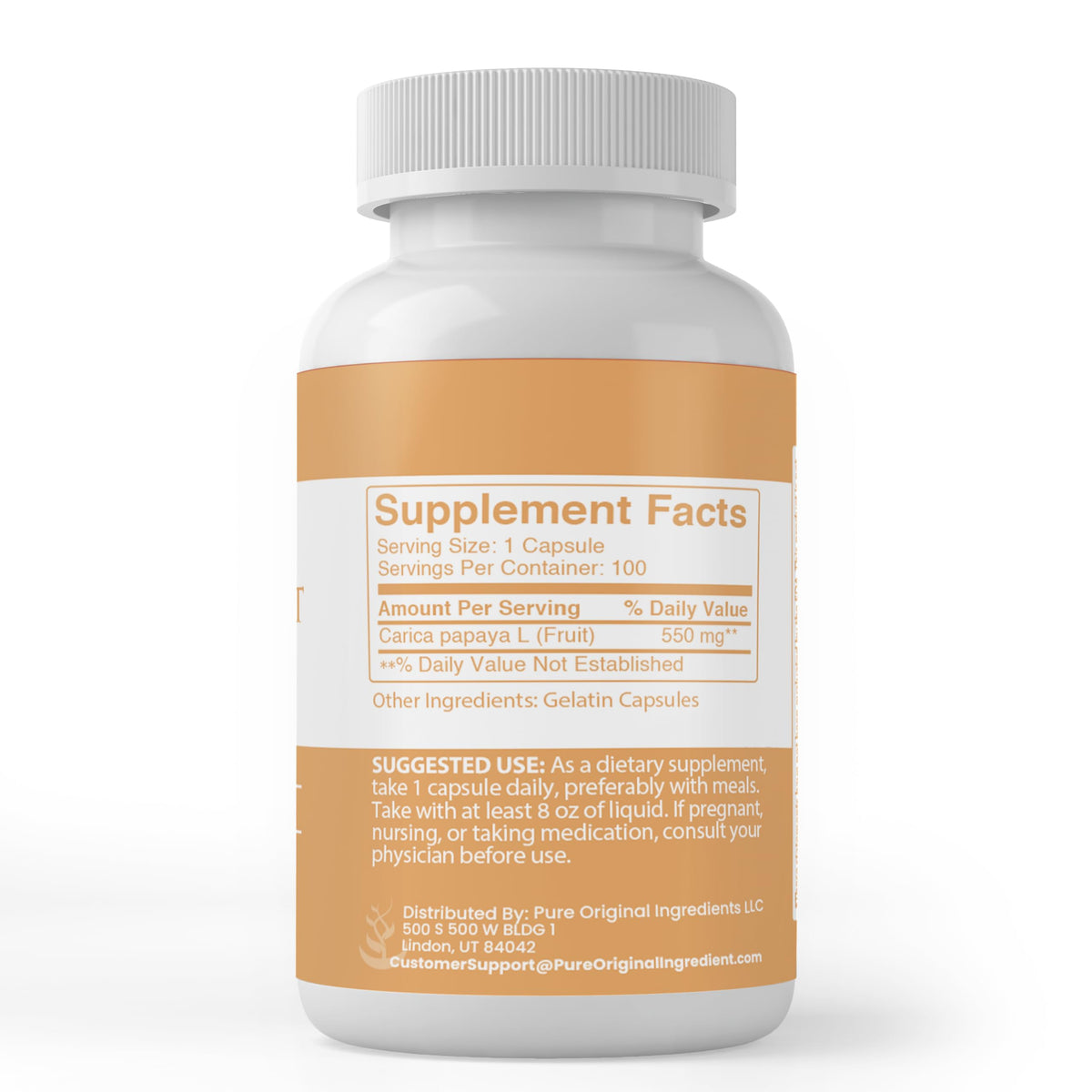 Capsules d'extrait de papaye PURE ORIGINAL INGREDIENTS sur fond blanc