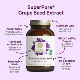 Capsules d'extrait de pépins de raisin PURE SYNERGY sur une surface blanche
