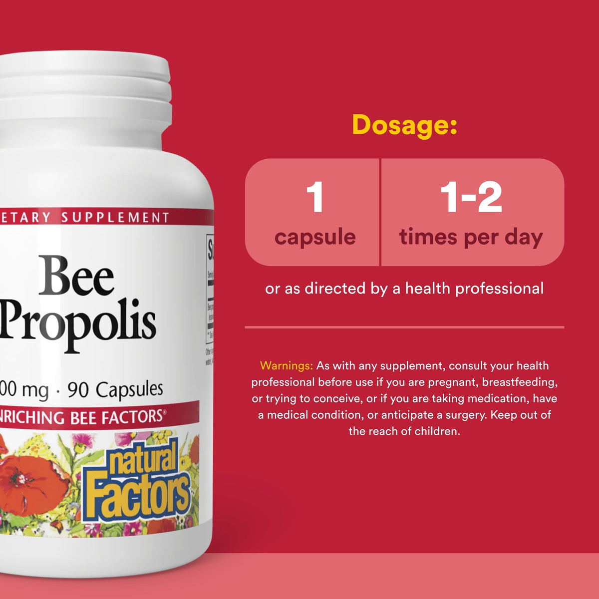 Capsules d'extrait de propolis Natural Factors sur une surface blanche