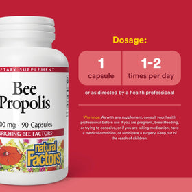 Capsules d'extrait de propolis Natural Factors sur une surface blanche
