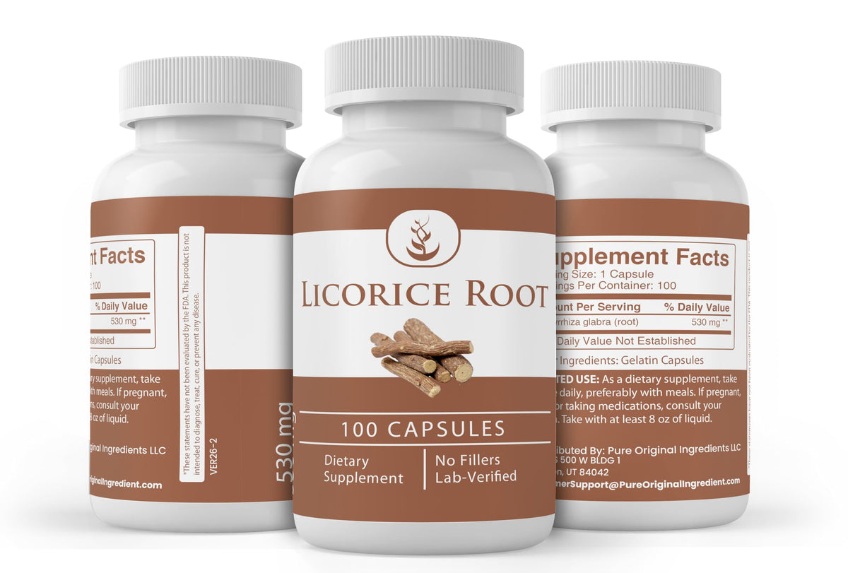 Capsules d'extrait de racine de réglisse sur un fond neutre
