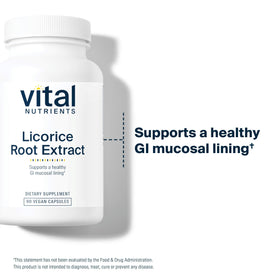 Capsules d'extrait de racine de réglisse Vital Nutrients sur une surface blanche