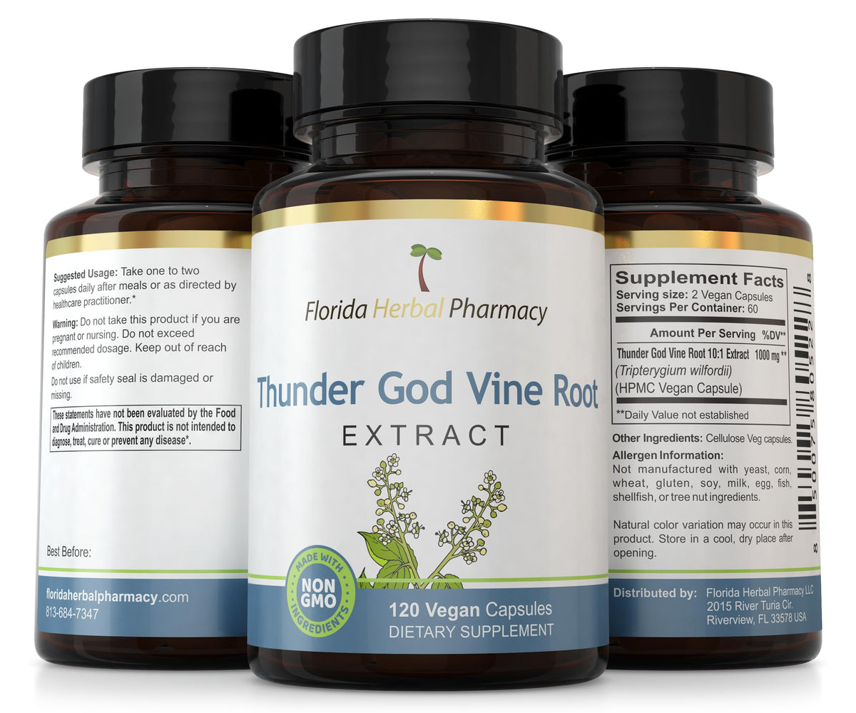 Capsules d'extrait de racine de Thunder God sur une surface blanche