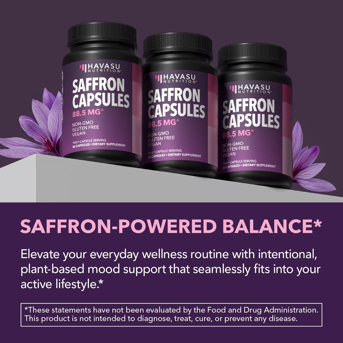 Capsules d'extrait de safran HAVASU NUTRITION à côté d'un carnet
