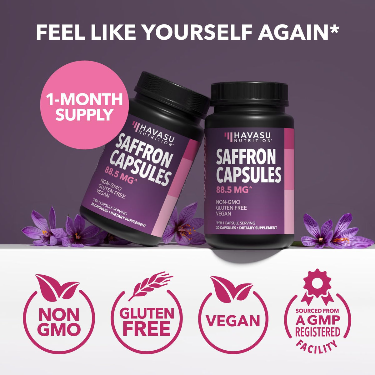 Capsules d'extrait de safran HAVASU NUTRITION avec des plantes sur le fond