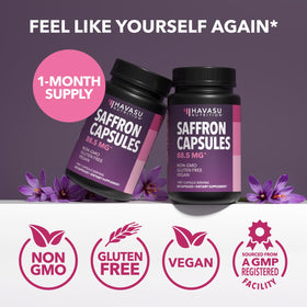 Capsules d'extrait de safran HAVASU NUTRITION avec des plantes sur le fond