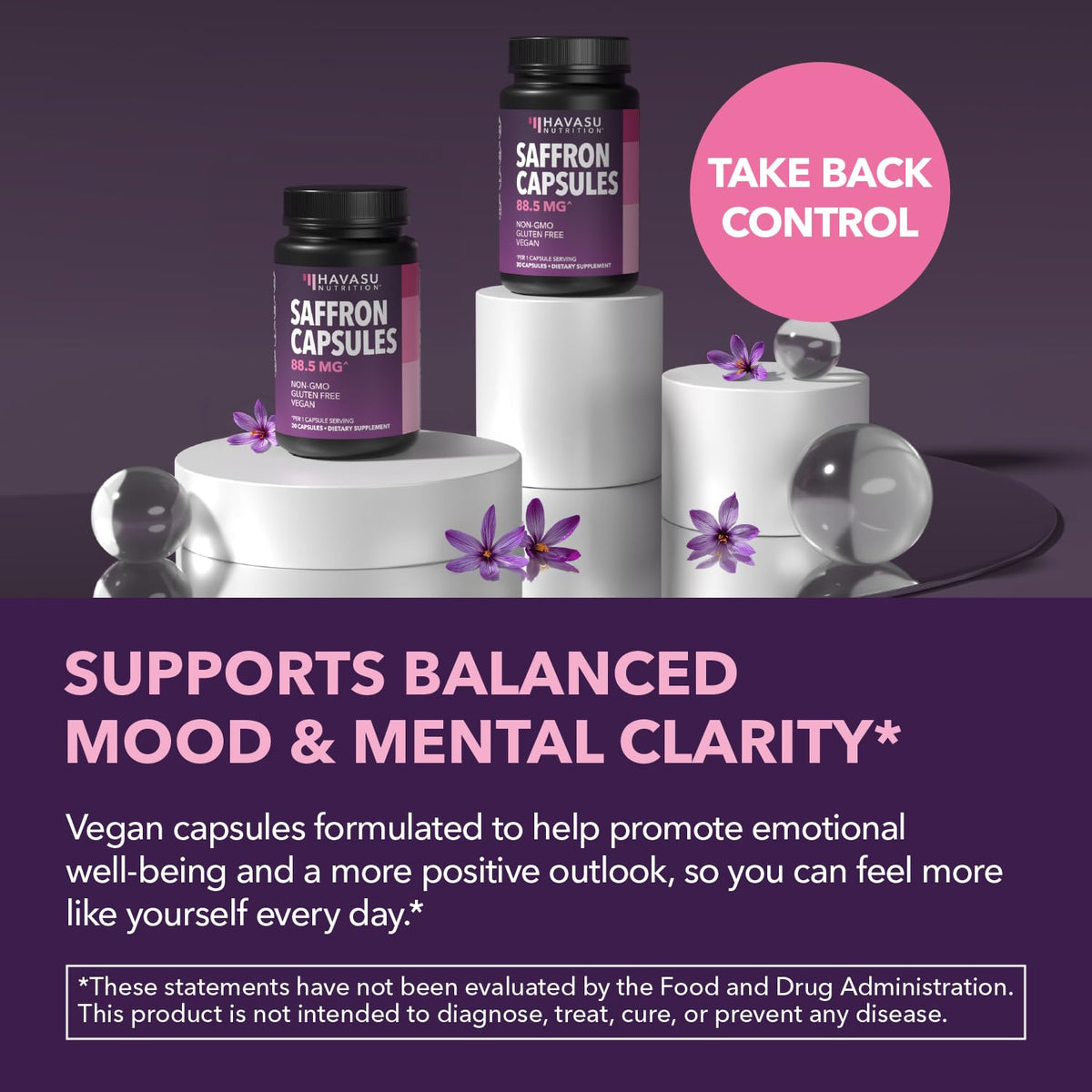 Capsules d'extrait de safran HAVASU NUTRITION sur une table en bois
