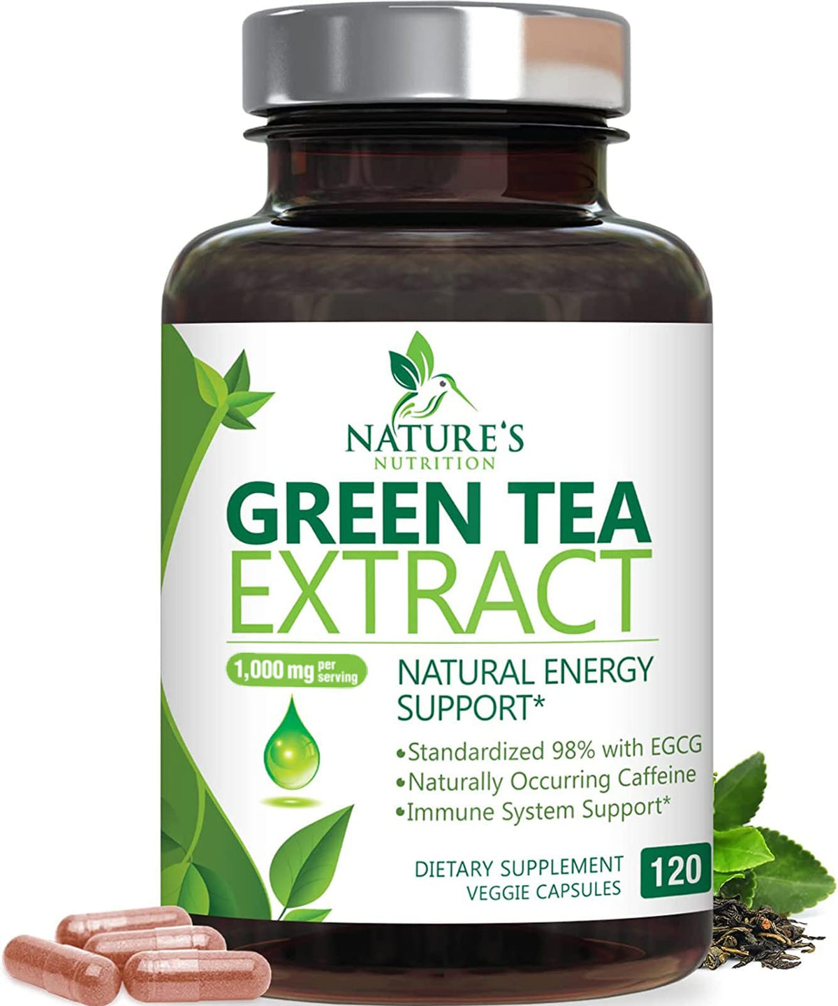 Capsules d'extrait de thé vert Nature's Nutrition 1000 mg vue de face