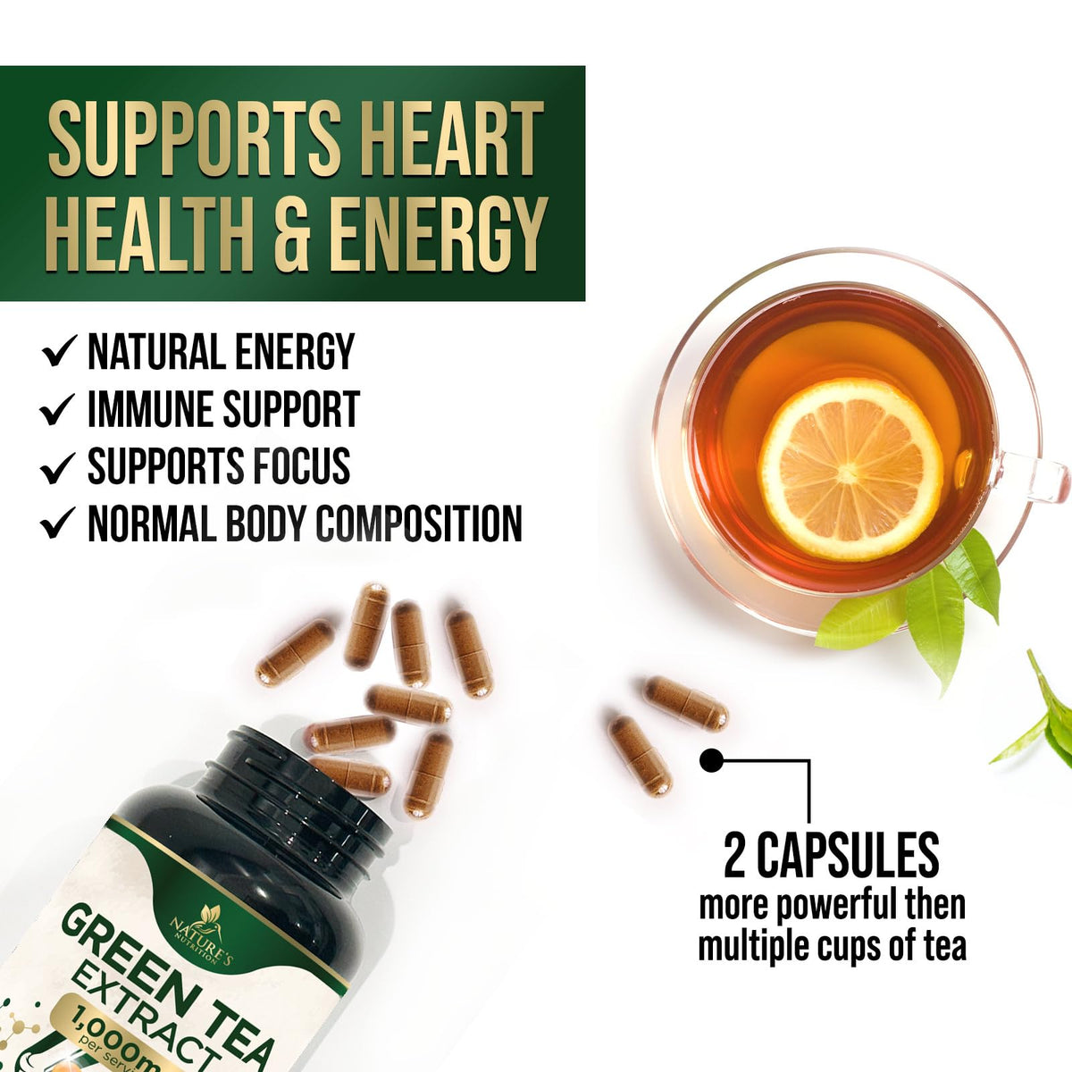 Capsules d'extrait de thé vert Nature's Nutrition dans un verre