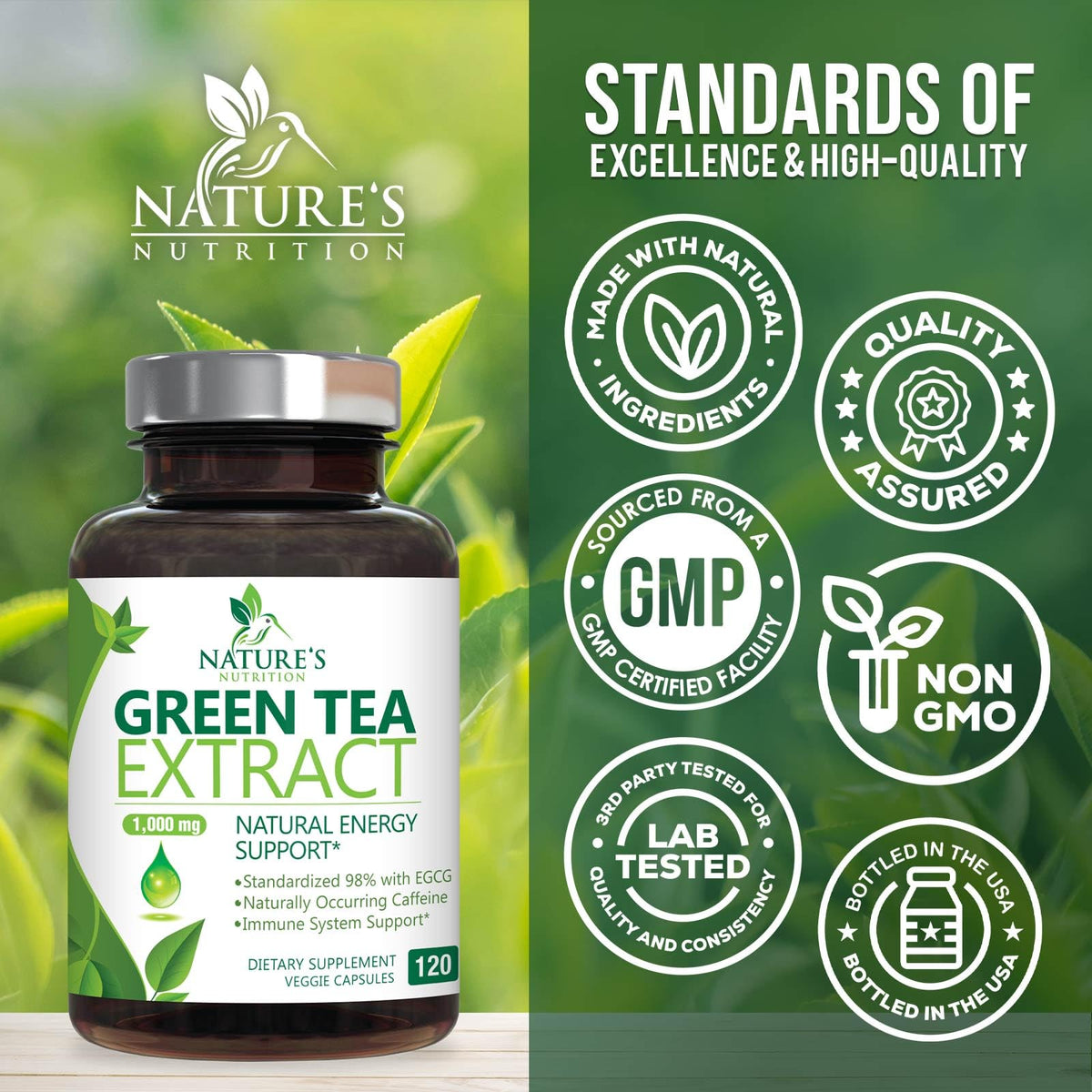 Capsules d'extrait de thé vert Nature's Nutrition sur fond blanc