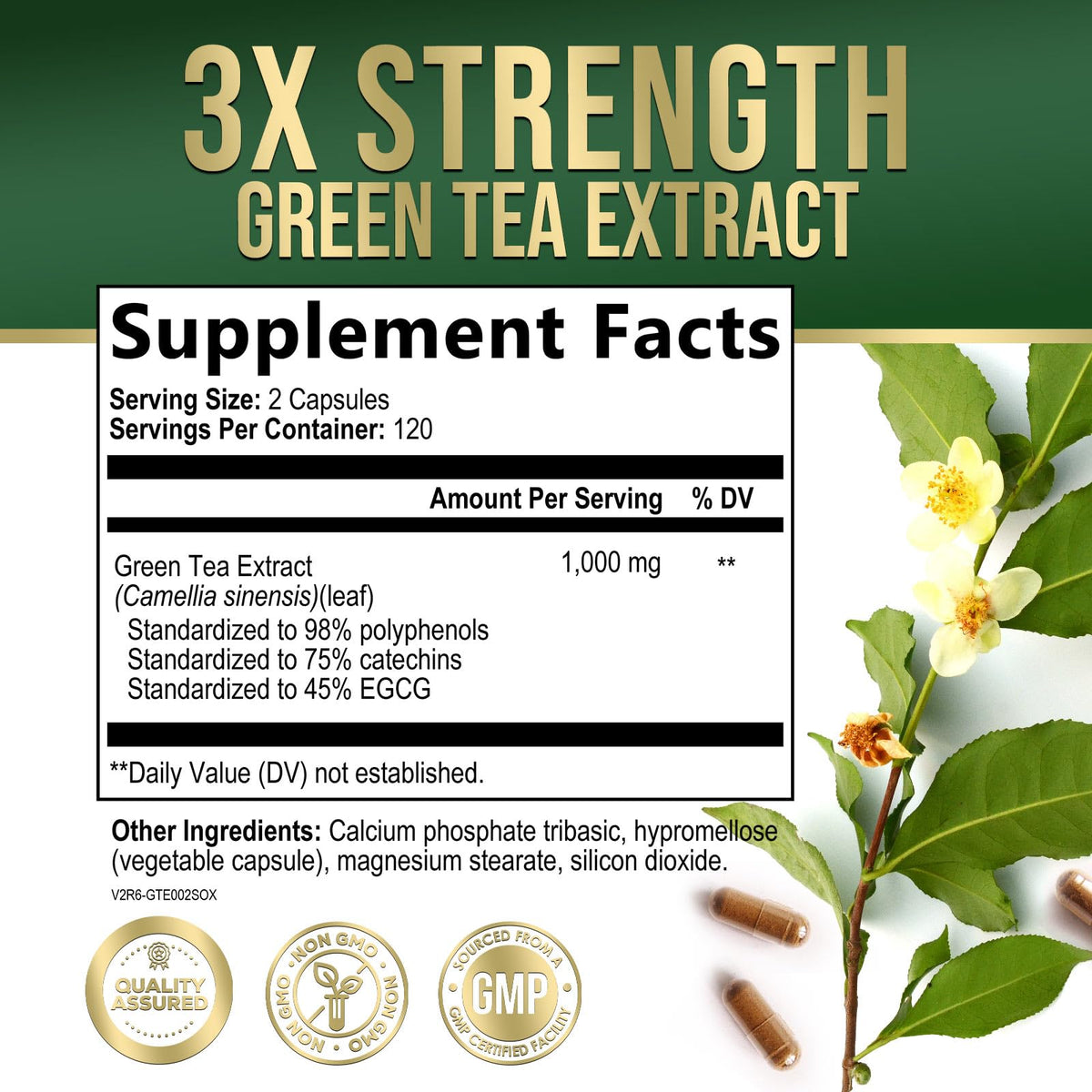 Capsules d'extrait de thé vert Nature's Nutrition sur une surface blanche