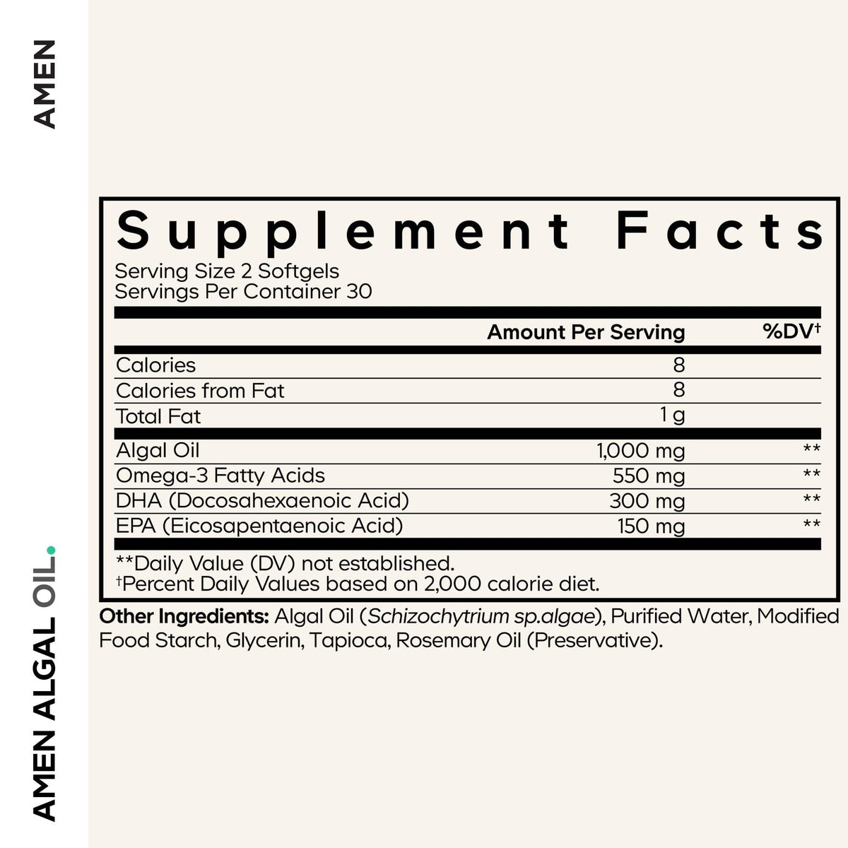 Capsules d'huile d'algue Amen Omega-3 sur fond blanc
