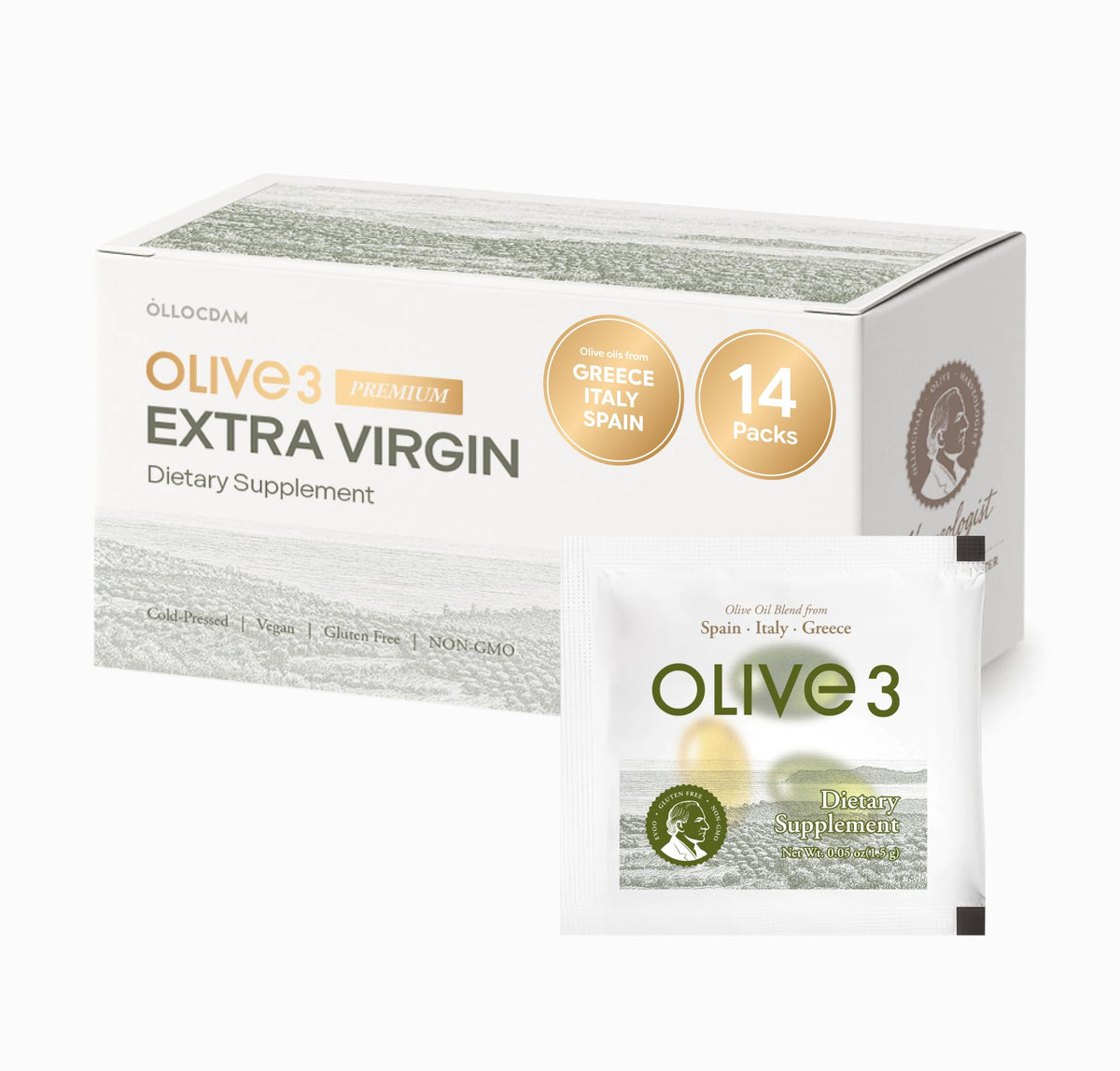Capsules d'huile d'olive extra vierge Ollocdam en pack