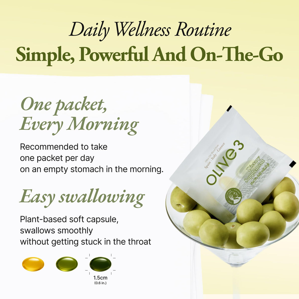 Capsules d'huile d'olive Ollocdam sur une table