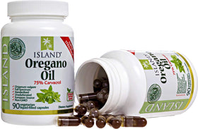 Capsules d'huile d'origan bio Island Nutrition sur une table