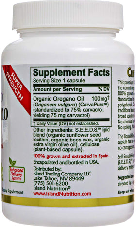 Capsules d'huile d'origan bio Island Nutrition, vue de côté