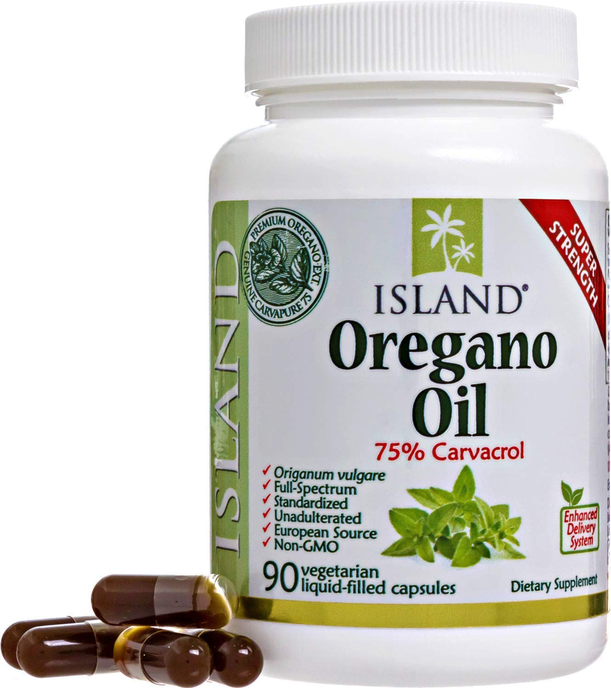 Capsules d'huile d'origan bio Island Nutrition, vue de face