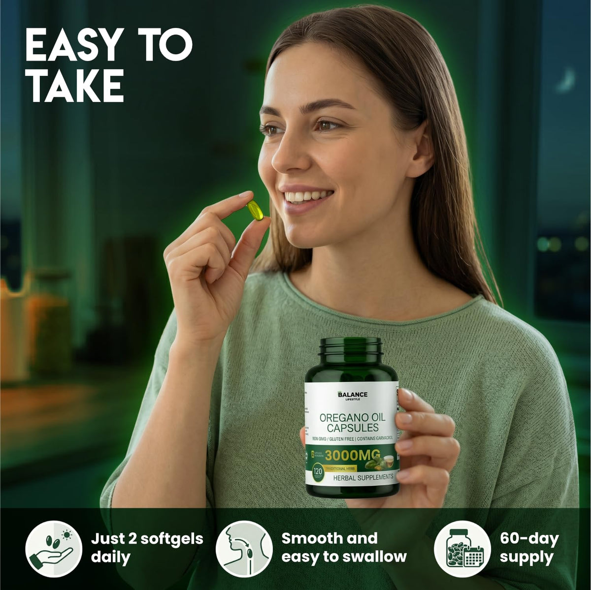Capsules d'huile d'origan LaSognna dans un environnement naturel