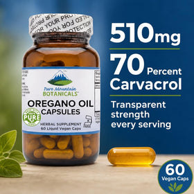 Capsules d'huile d'origan Pure Mountain Botanicals dans un bol