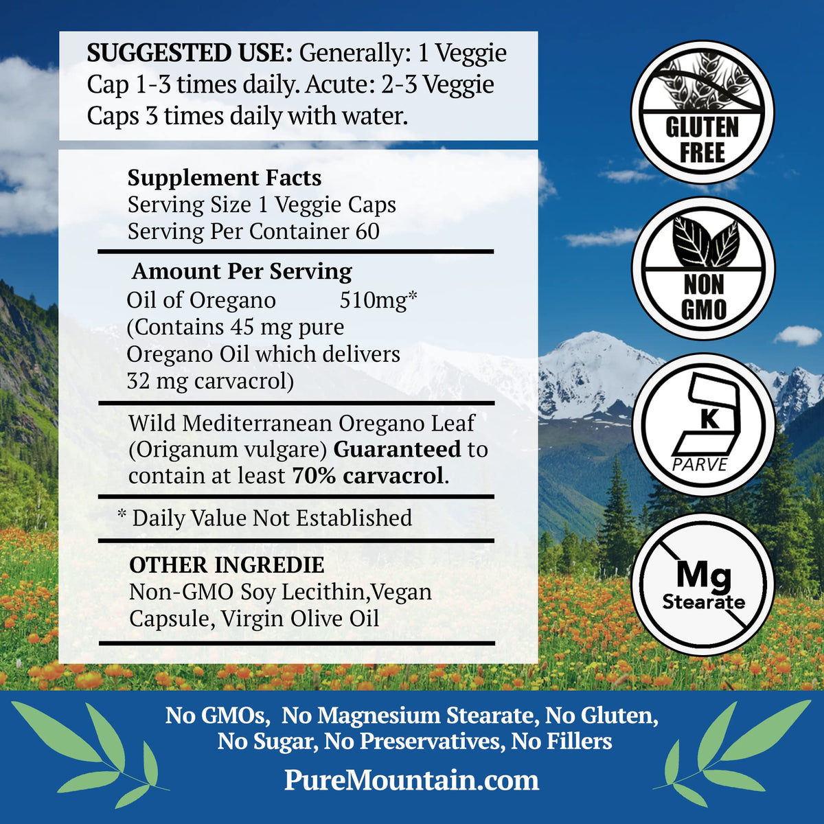 Capsules d'huile d'origan Pure Mountain Botanicals sur une surface blanche