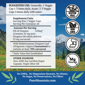 Capsules d'huile d'origan Pure Mountain Botanicals sur une surface blanche