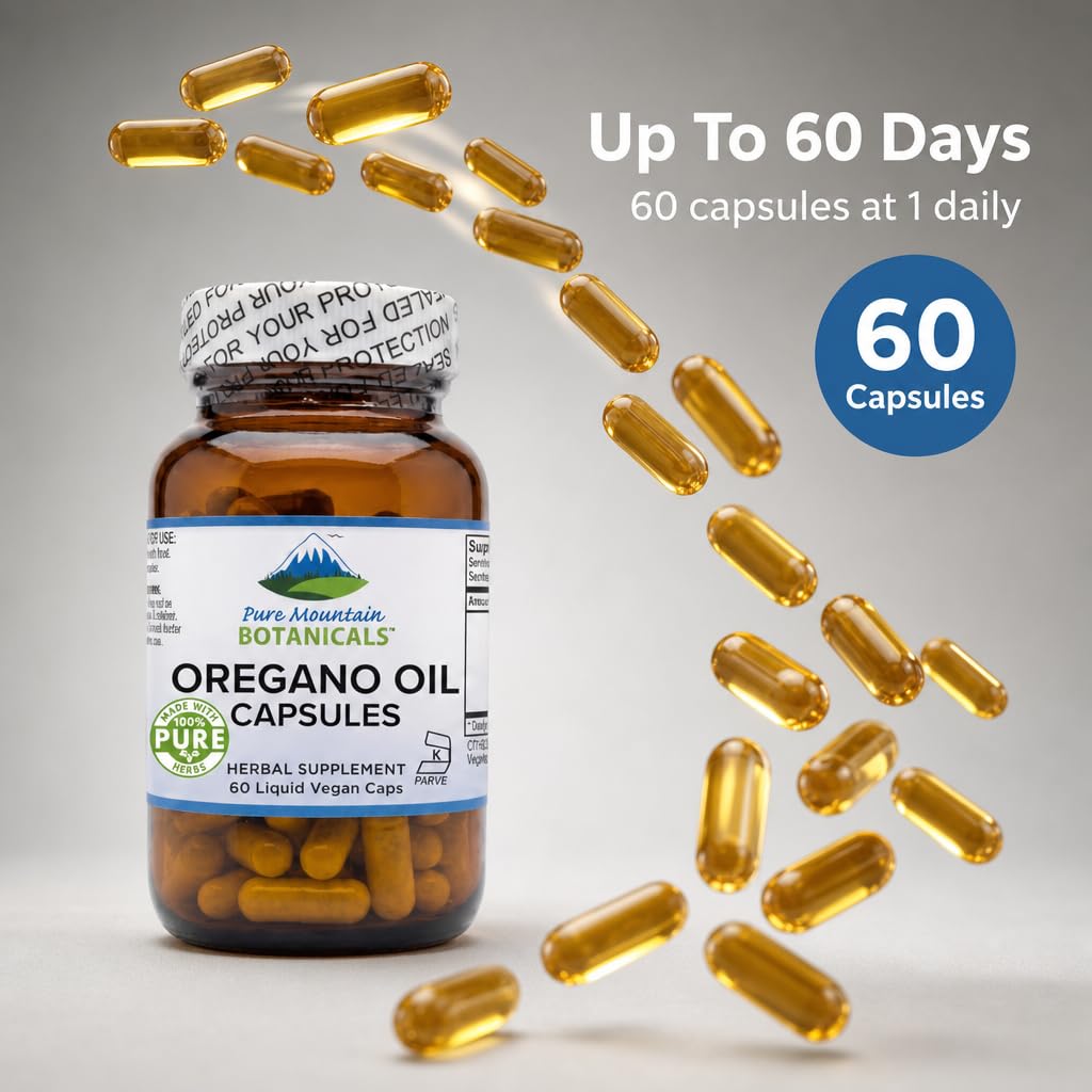 Capsules d'huile d'origan sur une table en bois