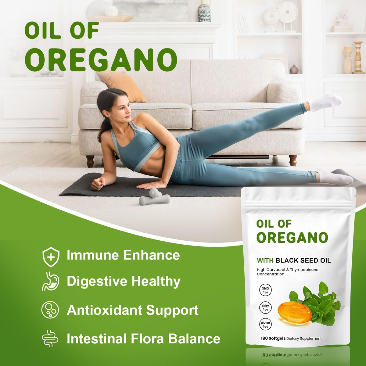 Capsules d'huile d'origan YKJHCSL sur une table en bois