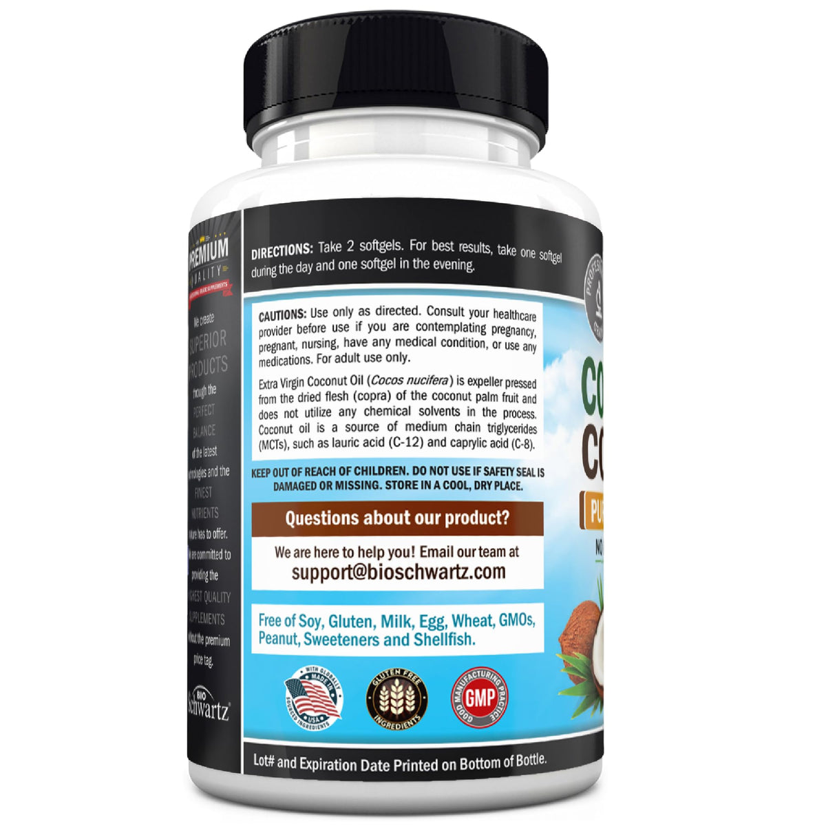 Capsules d'huile de coco BioSchwartz à côté d'autres compléments alimentaires