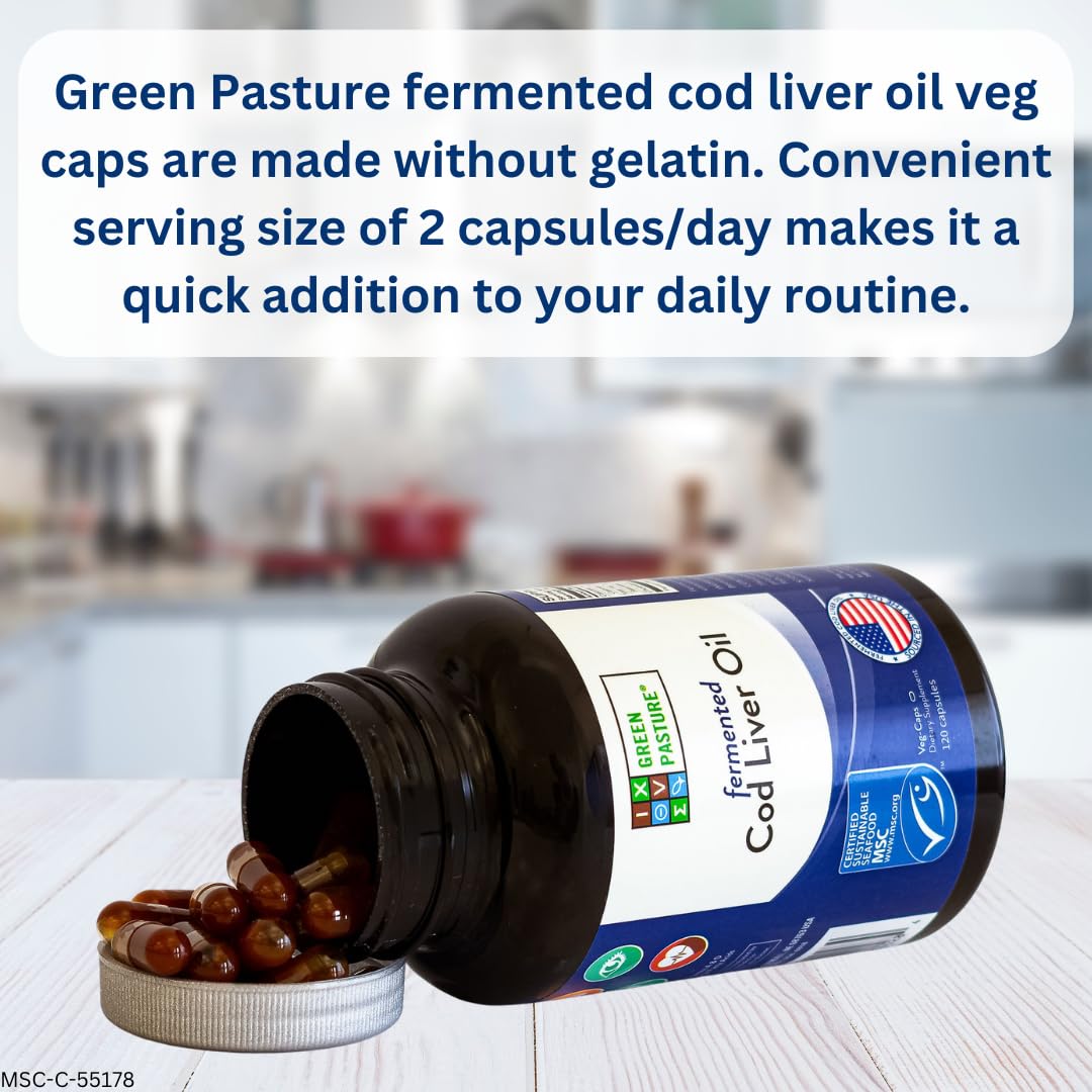 Capsules d'huile de foie de morue Green Pasture en gros plan