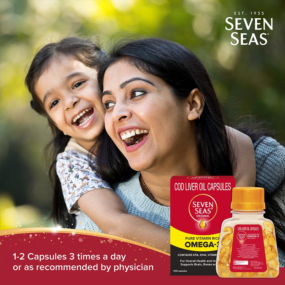 Capsules d'huile de foie de morue Sevenseas dans un verre