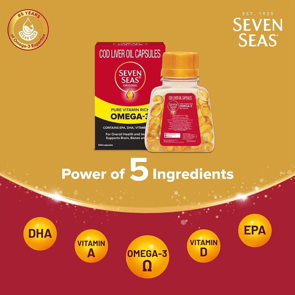 Capsules d'huile de foie de morue Sevenseas sur une surface blanche