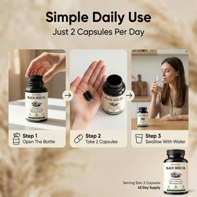 Capsules d'huile de graine noire éthiopienne PURELYNUTRIENT sur un fond neutre