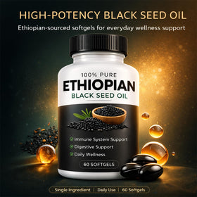 Capsules d'huile de graine noire Ovela sur fond blanc
