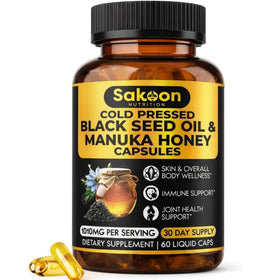 Capsules d'huile de graines de nigelle Sakoon nutrition avec miel de Manuka, présentation en boîte