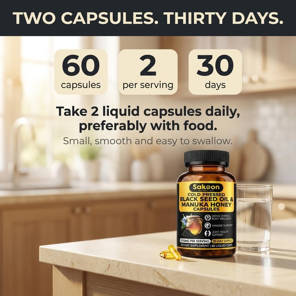 Capsules d'huile de graines de nigelle Sakoon nutrition en utilisation sur fond de nature