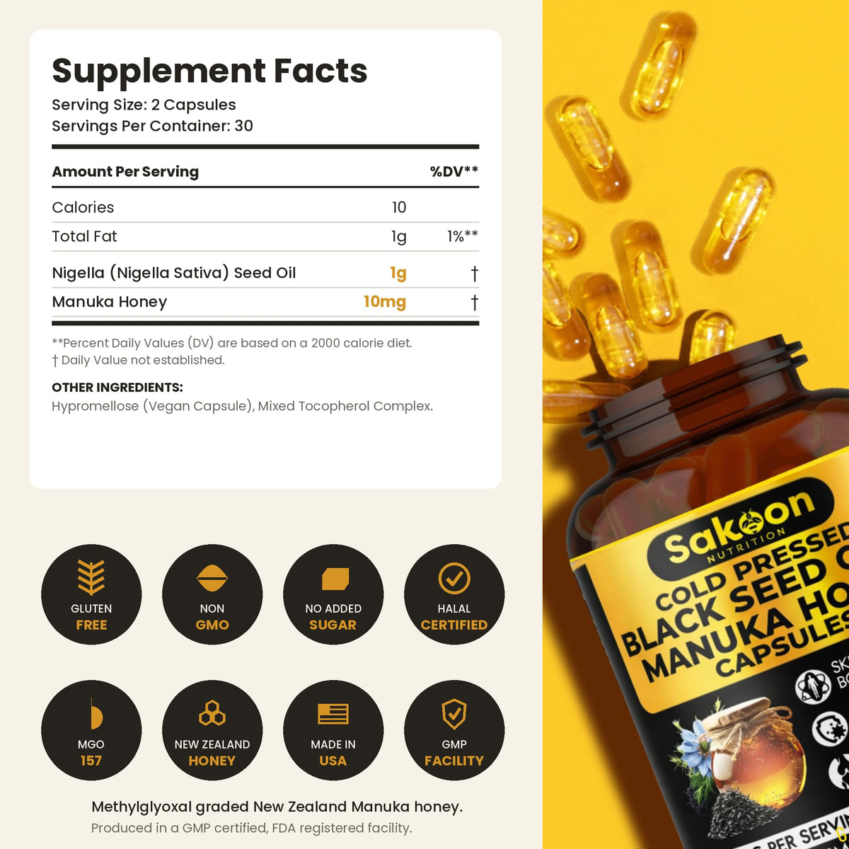 Capsules d'huile de graines de nigelle Sakoon nutrition sur une surface en bois