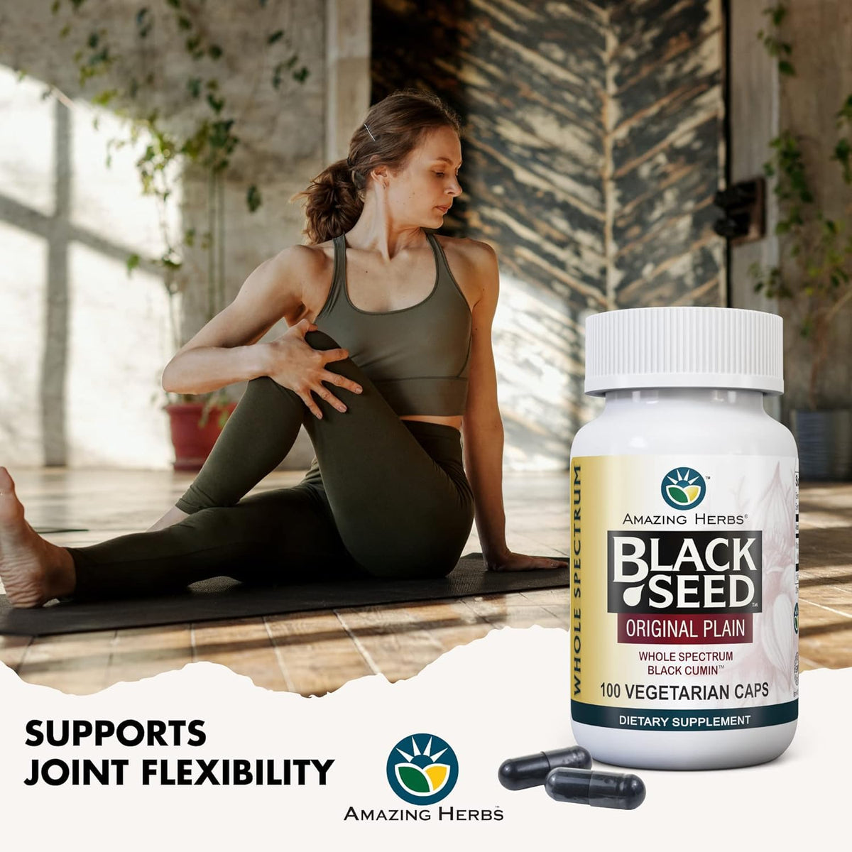 Capsules d'huile de graines noires Amazing Herbs sur une table en bois