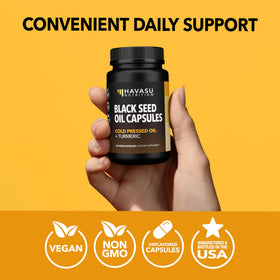 Capsules d'huile de graines noires et curcuma HAVASU NUTRITION sur fond blanc