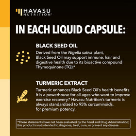 Capsules d'huile de graines noires et curcuma HAVASU NUTRITION sur une table