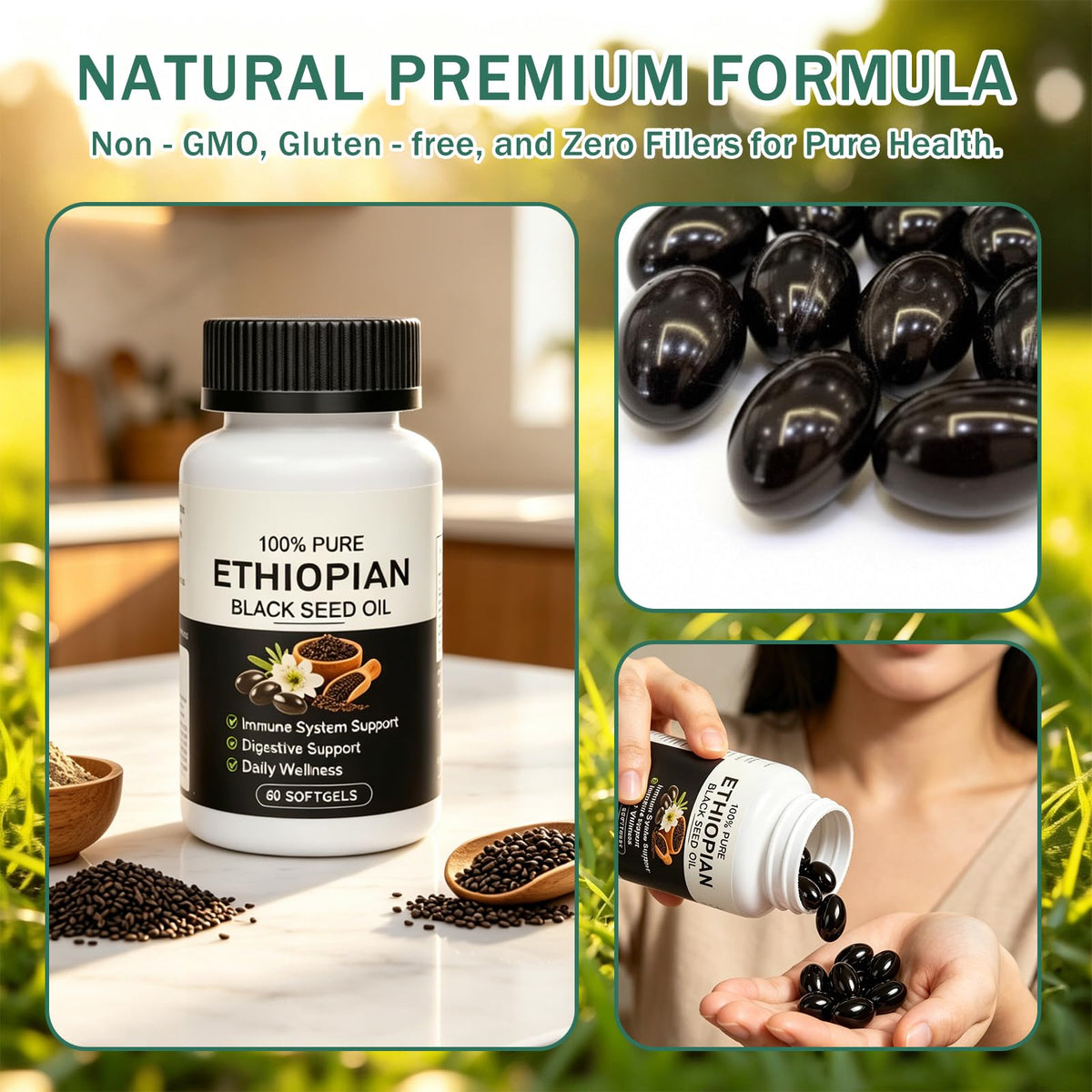 Capsules d'huile de graines noires éthiopiennes sur une table