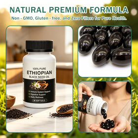 Capsules d'huile de graines noires éthiopiennes sur une table
