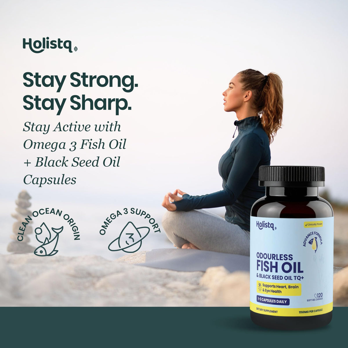 Capsules d'huile de graines noires HOLISTQ sur fond blanc
